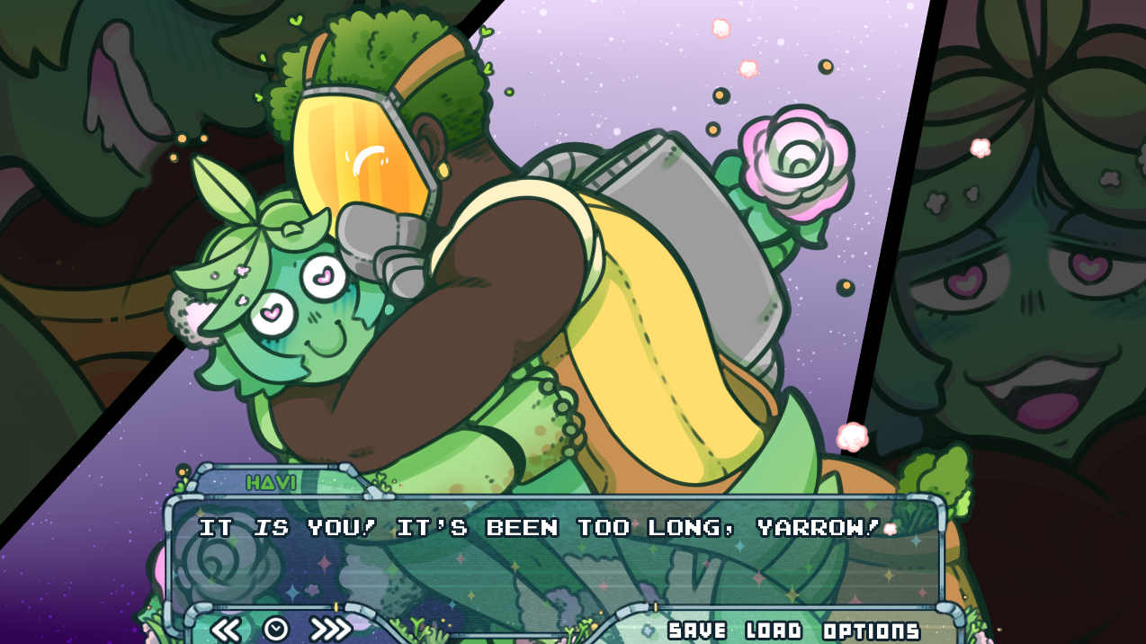 A green humanoid alien is embraced by a dark masculine figure. A dialogue box below them shows 'Havi' saying 'It is you! It's been too long, Yarrow!'